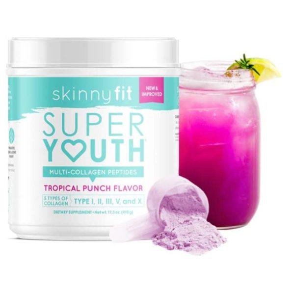 Skinnyfit Superyouth Multi Collagen Peptides hits almost all of our criteria for the best collagen for gut health- multi-sourced collagen, multiple types of collagen, vitamin C, and hydrolyzed.